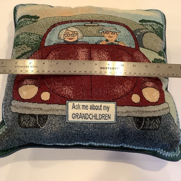 Ask Me About My Grandchildren Tapestry Accent Pillow Grandparents in Red Car - Picture 2 of 6